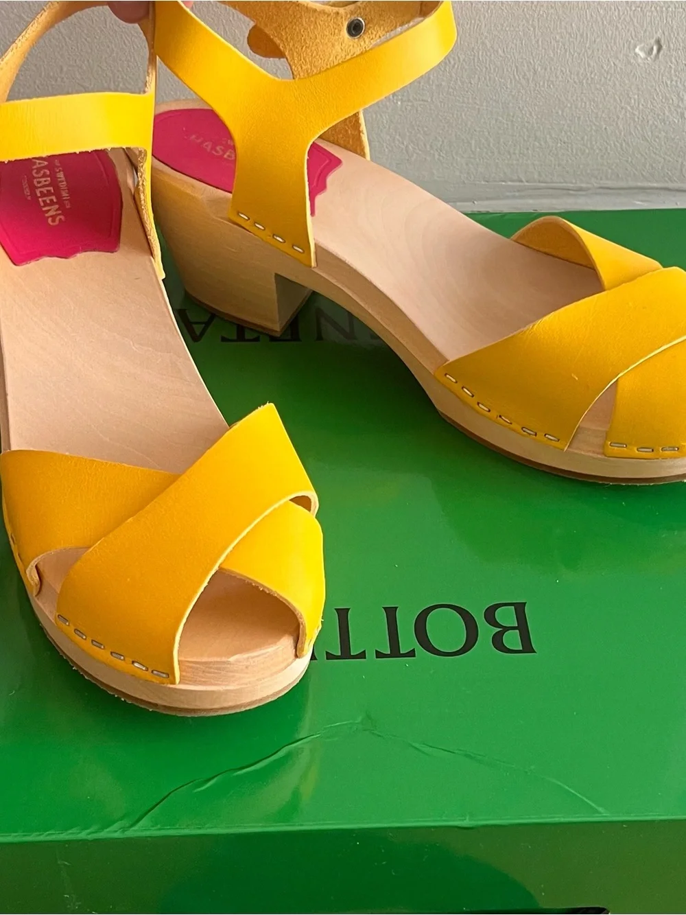 Swedish Hasbeens Yellow Leather Wedge Sandals